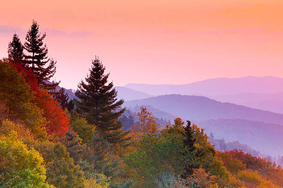 A breathtaking view of the Smoky Mountain range, with vibrant foliage and a stunning sky gradient. The expansive landscape promises unforgettable hikes, exploration, and lasting memories for all ages.